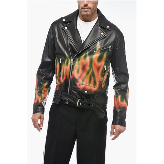 Palm Angels Leather BURNING Biker Jacket with Flames Motif